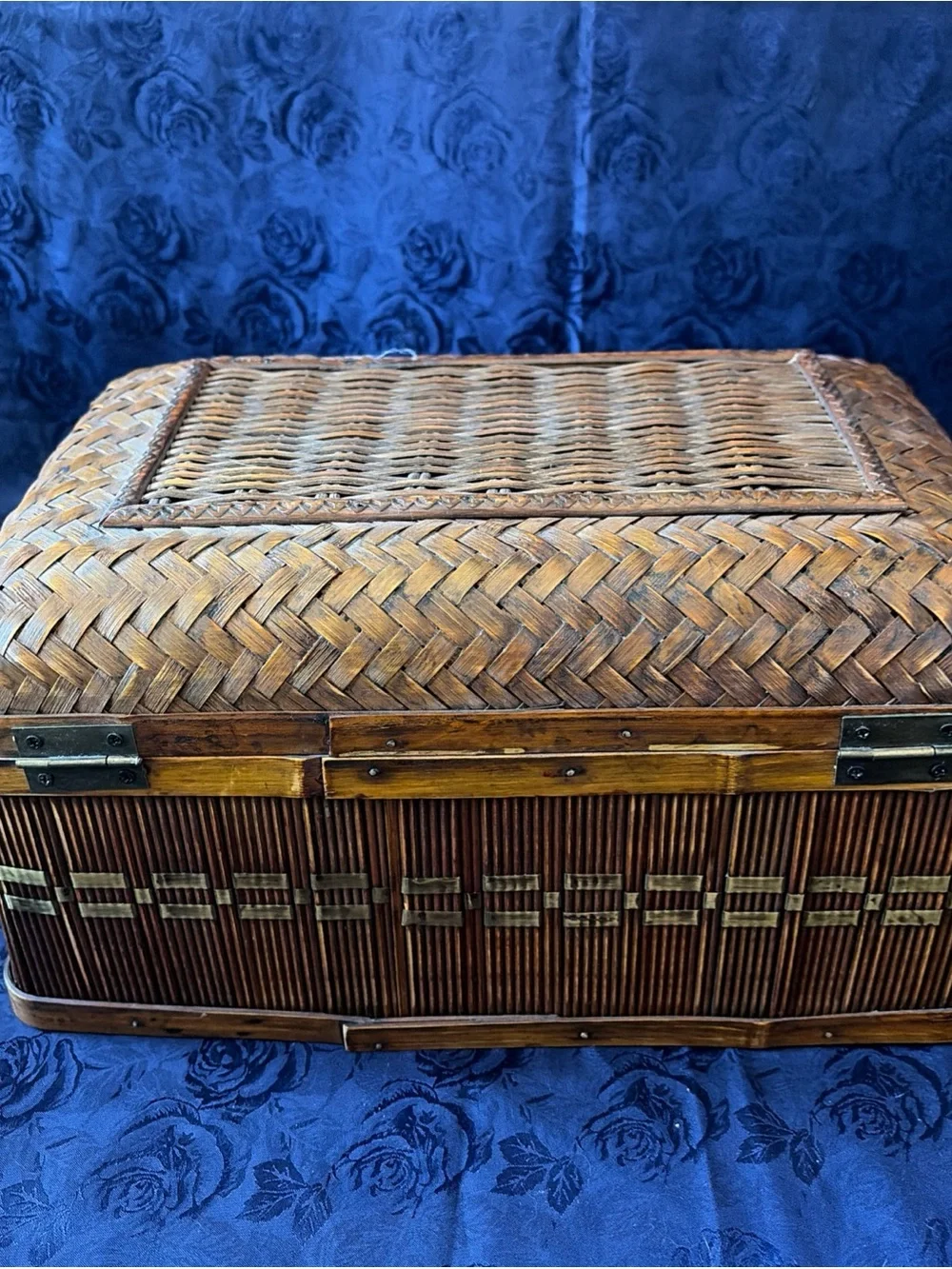VTG Handwoven Rattan & Bamboo Trinket Box W/Metal Latch-13”x8.5”x7”
